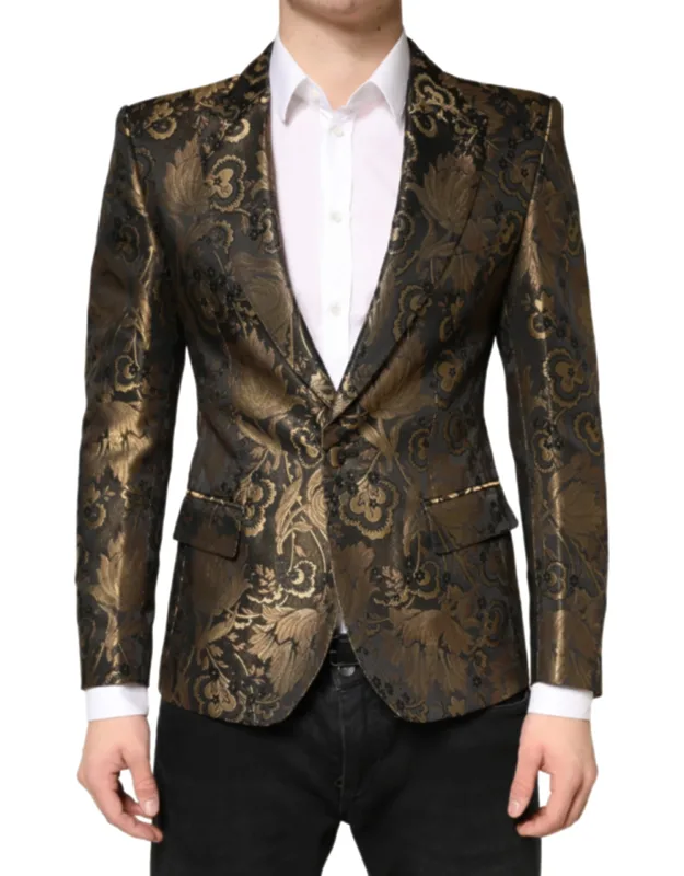 Gold Jacquard Single Breasted Tuxedo Blazer