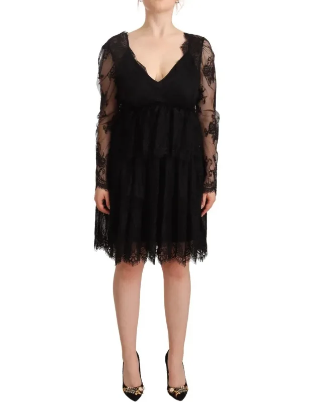 Floral Lace Cotton Long Sleeve V-neck Shift Dress