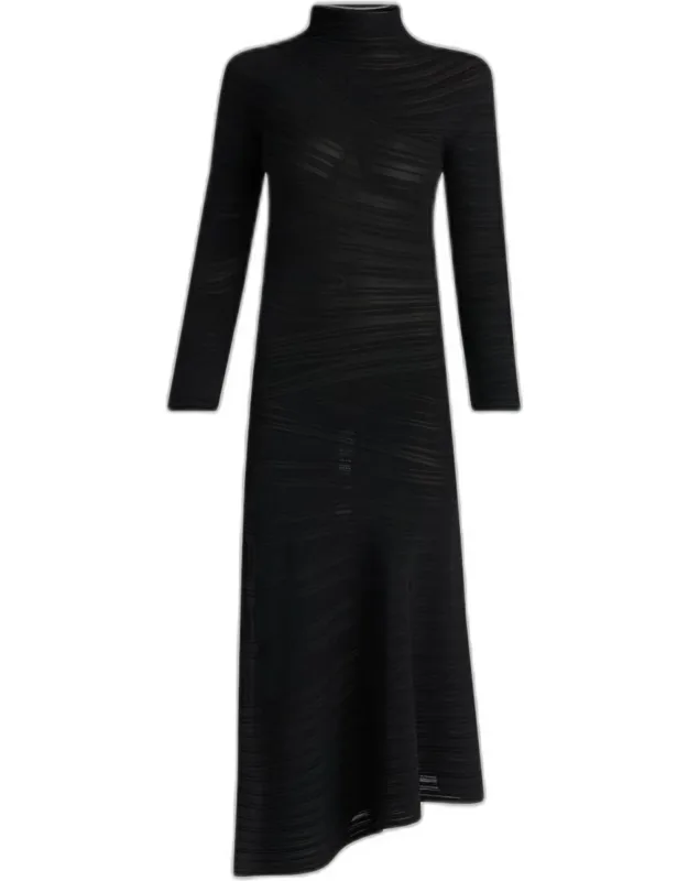 Asymmetric Tonal Striped Jersey Mock-neck Midi Dress