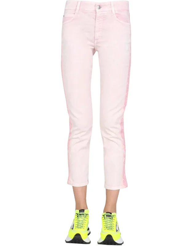 Jeans With Logo Bands, Front Button And Zip Closure