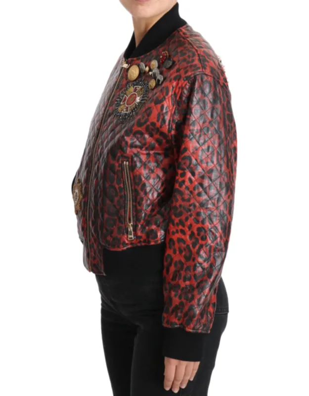 Leopard Button Crystal Leather Jacket