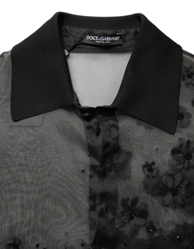 Floral Applique Sheer Short Sleeve Shirt
