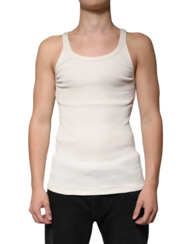 Off White Cotton Sleeveless Round Neck Tank Top