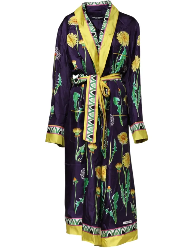 Floral Print Silk Long Sleeve Wrap Robe