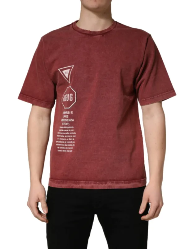 Maroon Print Round Neck Short Sleeve T-shirt