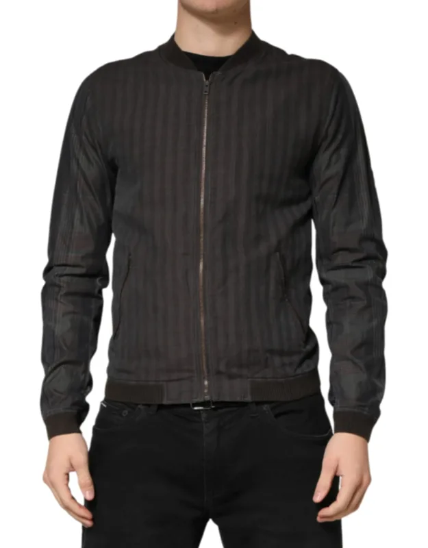 Black Stripes Cotton Full Zip Bomber Jacket