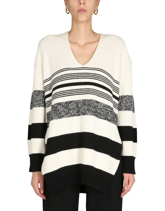V-neck Sweater With Side Slits And Ribbed Texture