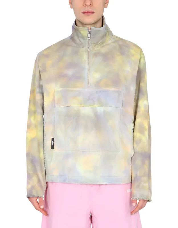 Printed Anorak Jacket With Maxi Front Pocket And Fringed Sleeves