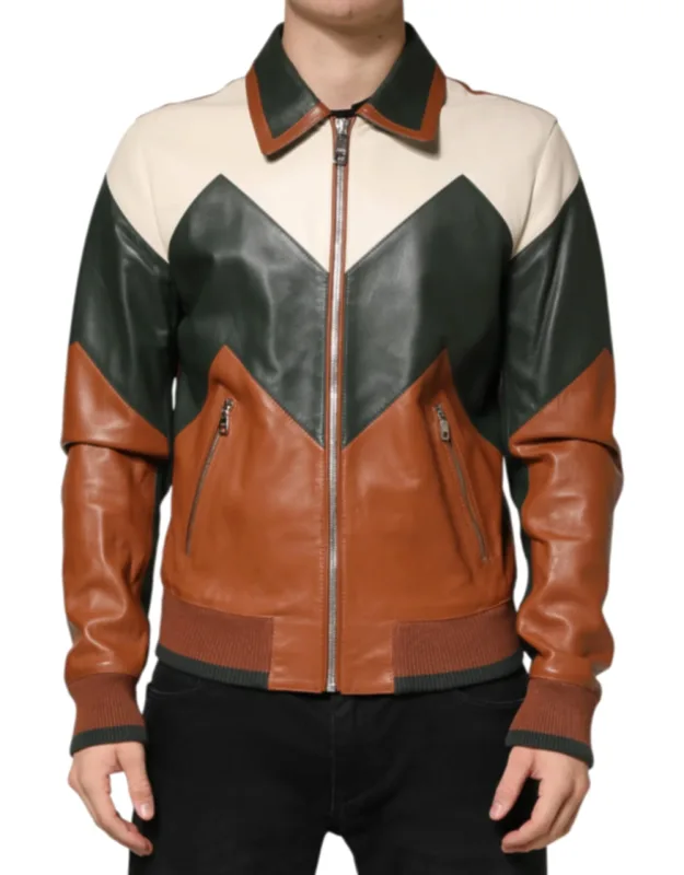 Multicolor Leather Full Zip Biker Jacket