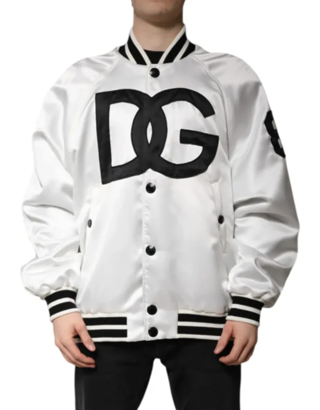 White Logo Polyester Jersey Bomber Jacket