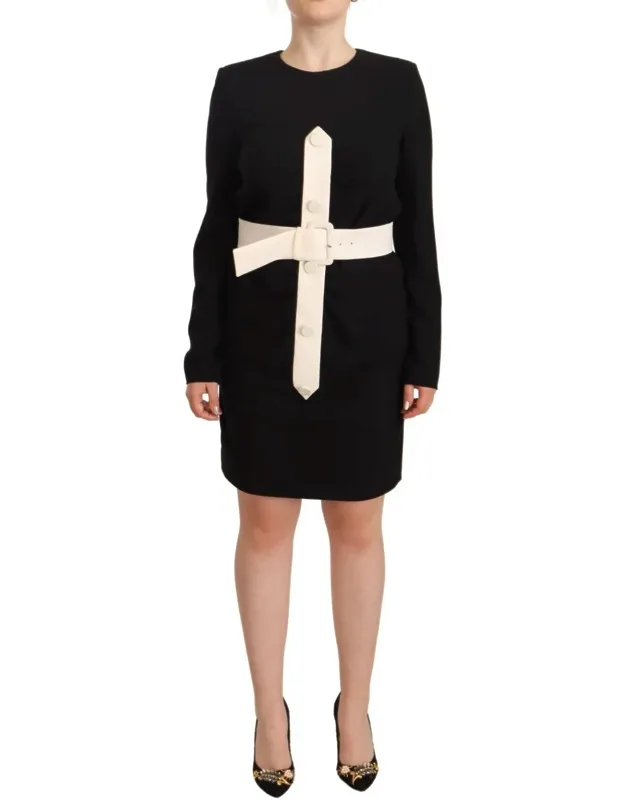 Wool Long Sleeve Belted Mini Sheath Dress