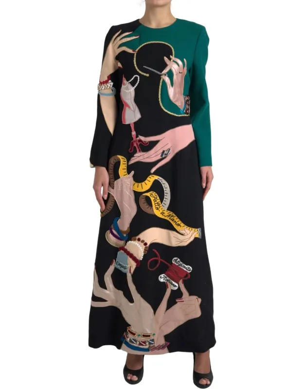 Multicolor Long Sleeve A-line Maxi Dress