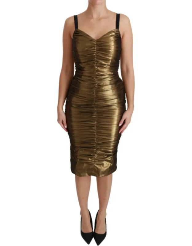 Gold Metallic Stretch Bodycon Ruched Dress