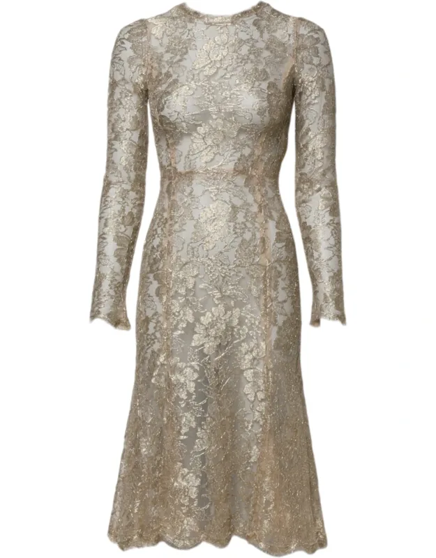 Gold Floral Lace Long Sleeve Fit & Flare Dress