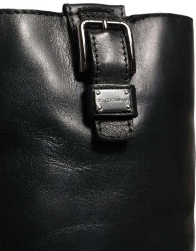 Leather Buckle Detail Mid Calf Boots