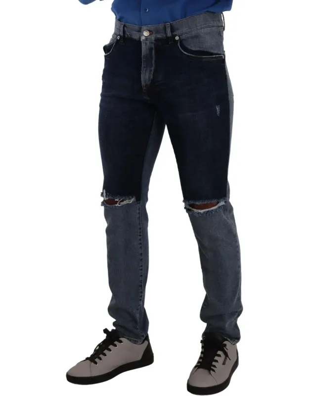 Two Tone Tattered Cotton Slim Denim Jeans