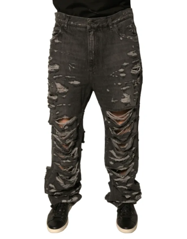 Tattered Cotton Straight Denim Jeans