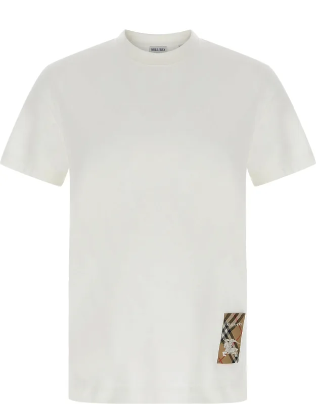 Burberry White Cotton T-shirt With Iconic Check Patch And Equestrian Knight Design