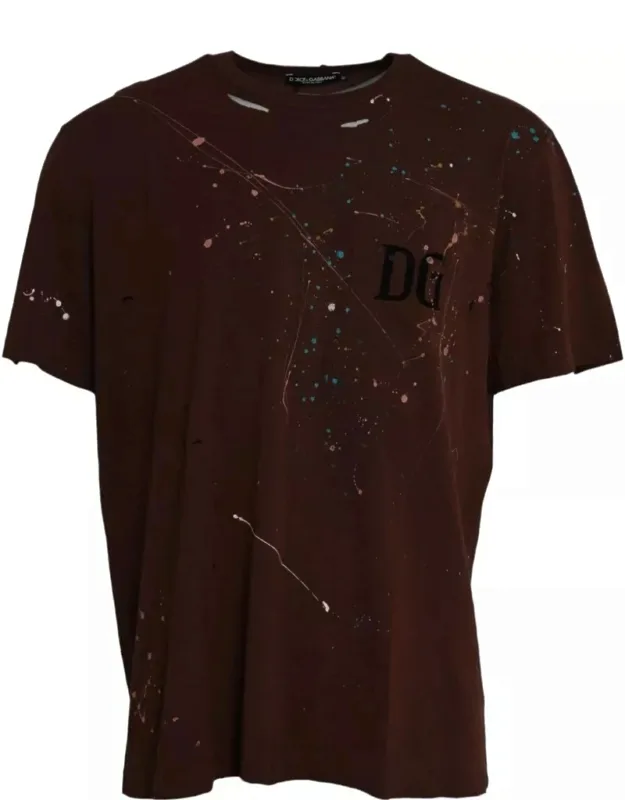 Brown Splash Cotton Crew Neck T-shirt