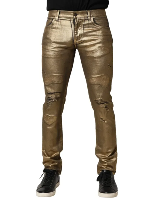 Gold Tattered Cotton Stretch Slim Denim Jeans