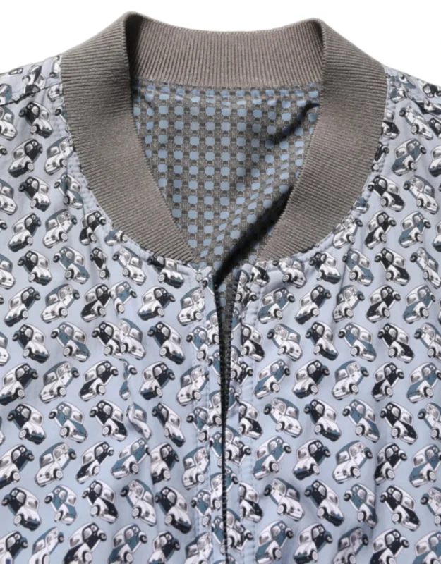 Light Blue Cotton Car Print Bomber Jacket