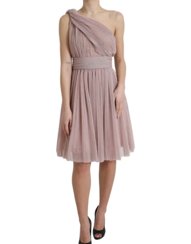 Light Lilac Pleated Lame Tulle One Shoulder Dress
