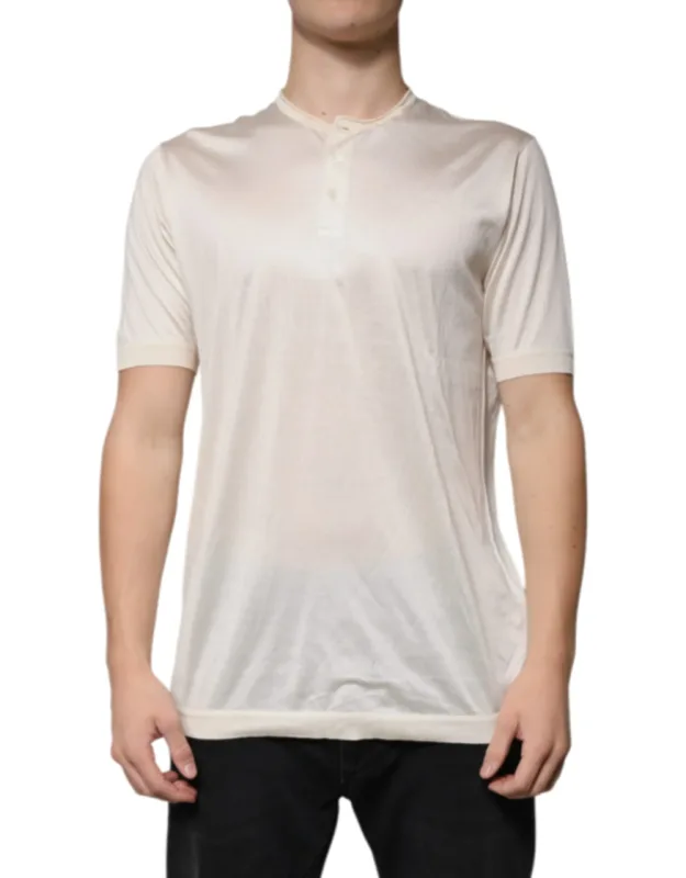 Off White Silk Henley Short Sleeve T-shirt