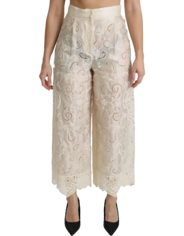 Cream Lace High Waist Palazzo Cropped Pants