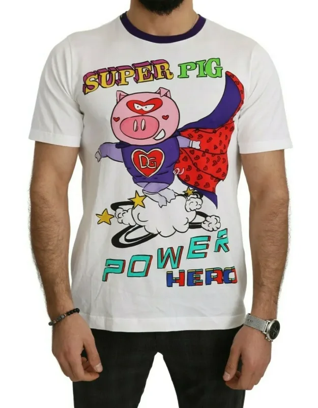 White Cotton Top Super Power Pig T-shirt