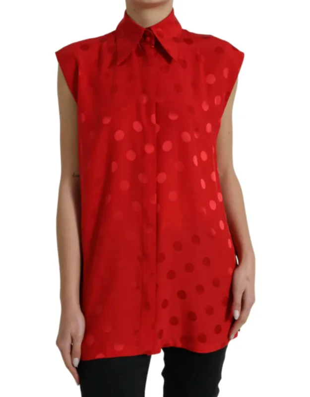 Polka Dot Sleeveless Collared Blouse Top Silk