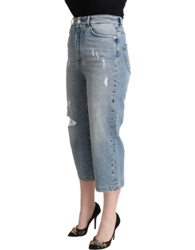 Tattered Cotton Denim Capri Cropped Jeans