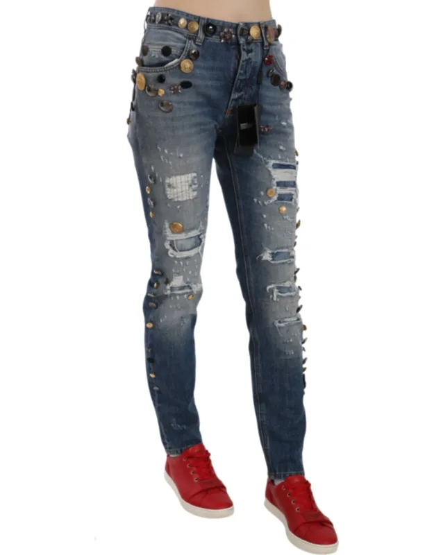 Distressed Embellished Buttons Denim Jeans