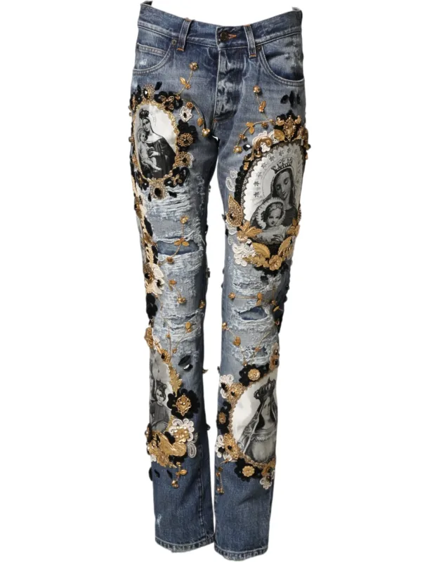 Ripped Embellished Cotton Denim Jeans