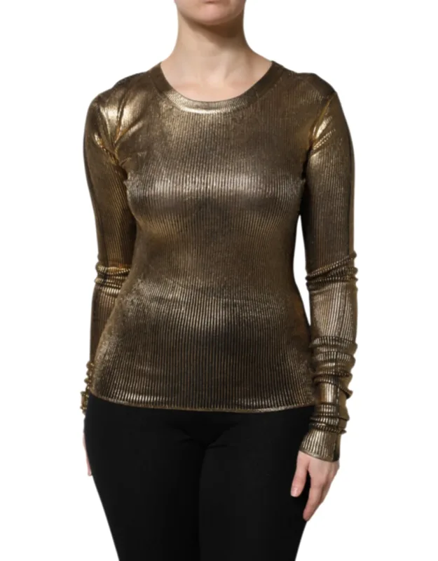 Gold Round Neck Long Sleeve Pullover Top