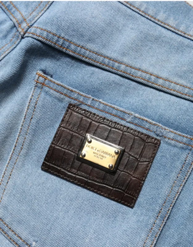Distressed Pleated Cotton Denim Jeans