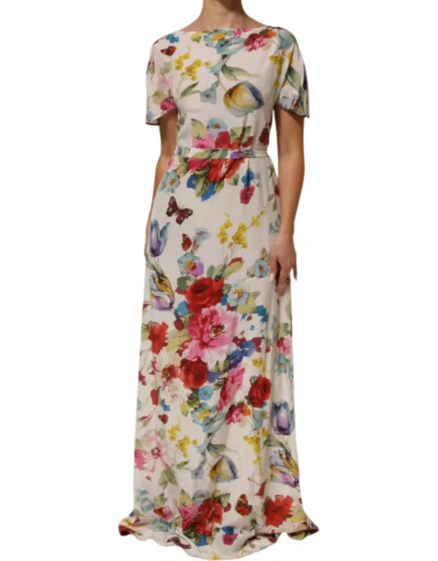 Floral Print Silk Sheath Longgown Dress