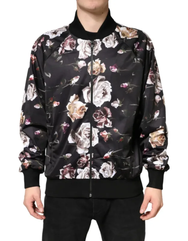 Floral Polyester Full Zip Bomber Jacket
