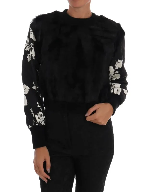 Fur Floral Brocade Zipper Sweater