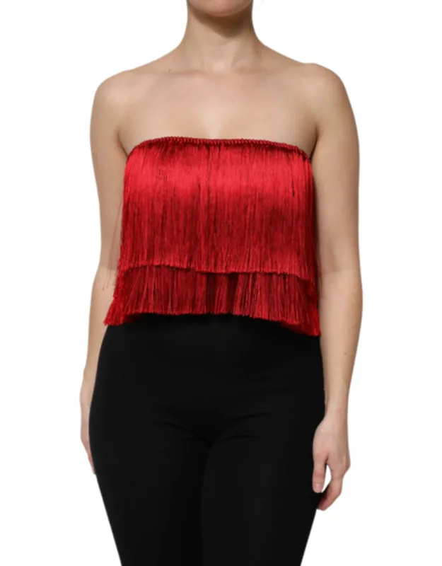 Silk Strapless Fringe Crop Tube Top