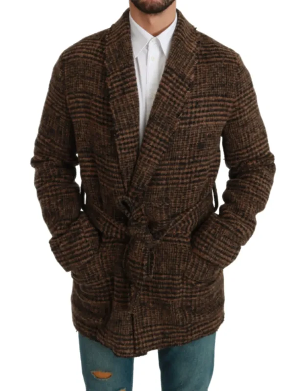 Checkered Wool Robe Coat Wrap Jacket