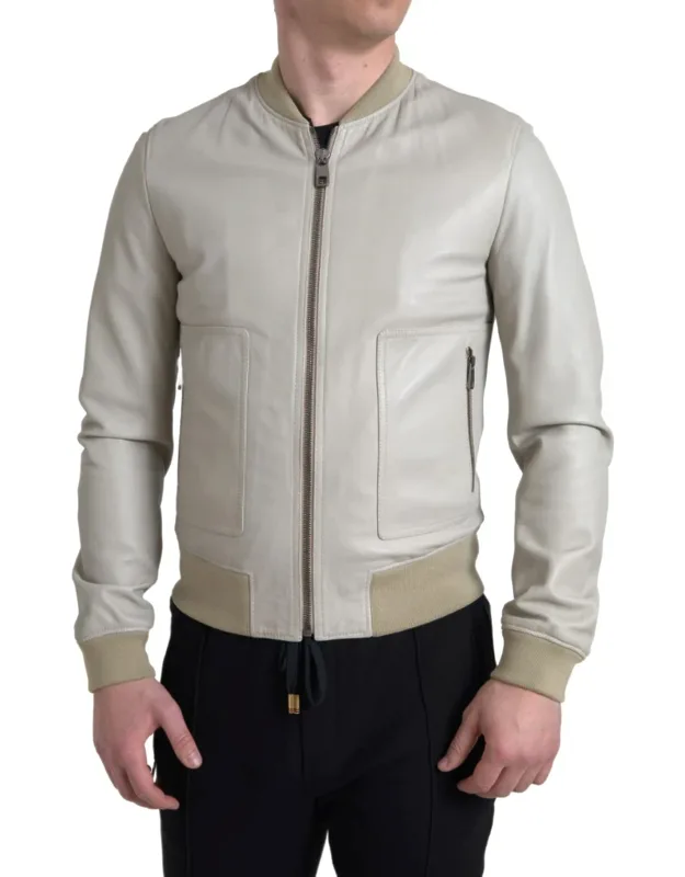 Cream Leather Bomber Blouson Full Zip Jacket