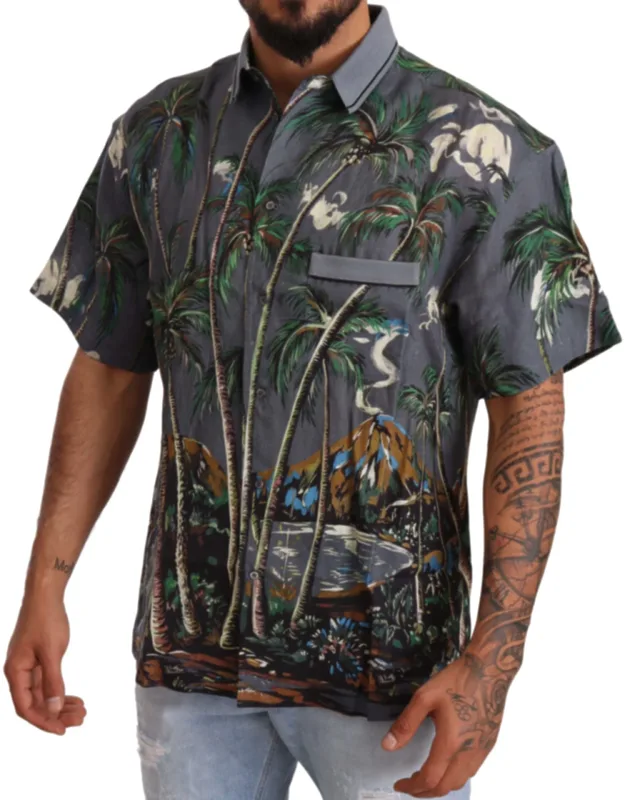 Linen Tropical Print Collared Shirt