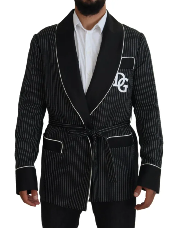 Robe With Striped Patch Jacket And White Polyester Silk
