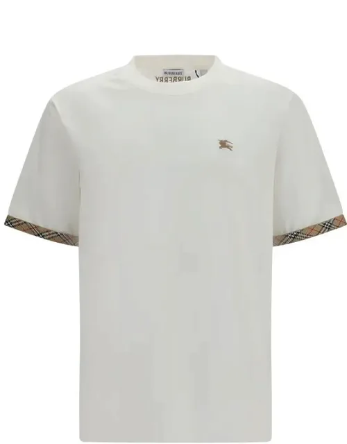 Burberry White Cotton T-shirt With Check Trims And Classic Crew Neckline