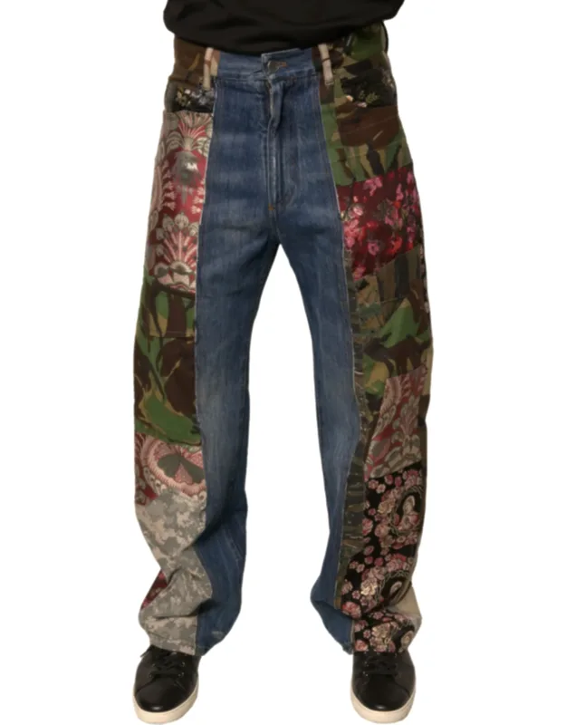 Patchwork Cotton Straight Denim Jeans