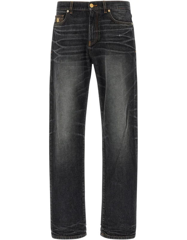 Black Cotton Straight-leg Jeans