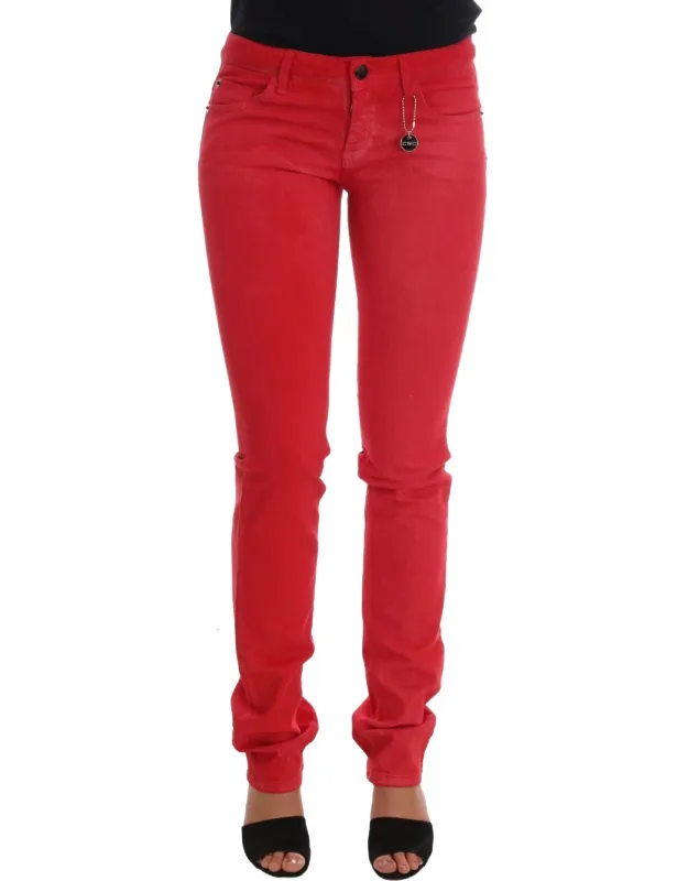 Red Cotton Stretch Slim Jeans