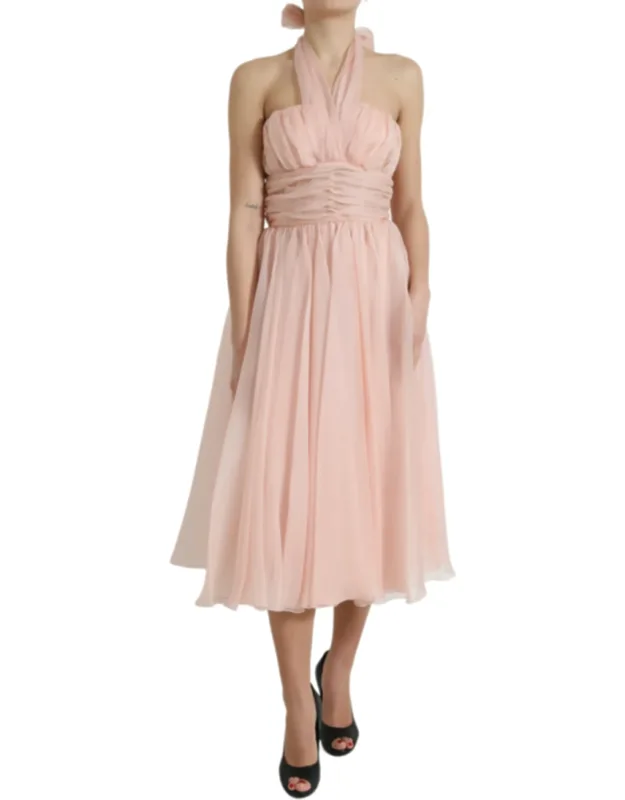 Silk Chiffon Halter A-line Pleated Midi Dress