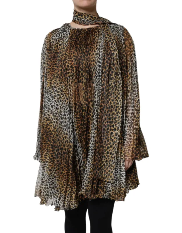Leopard Print Scarf Collared Chiffon Dress