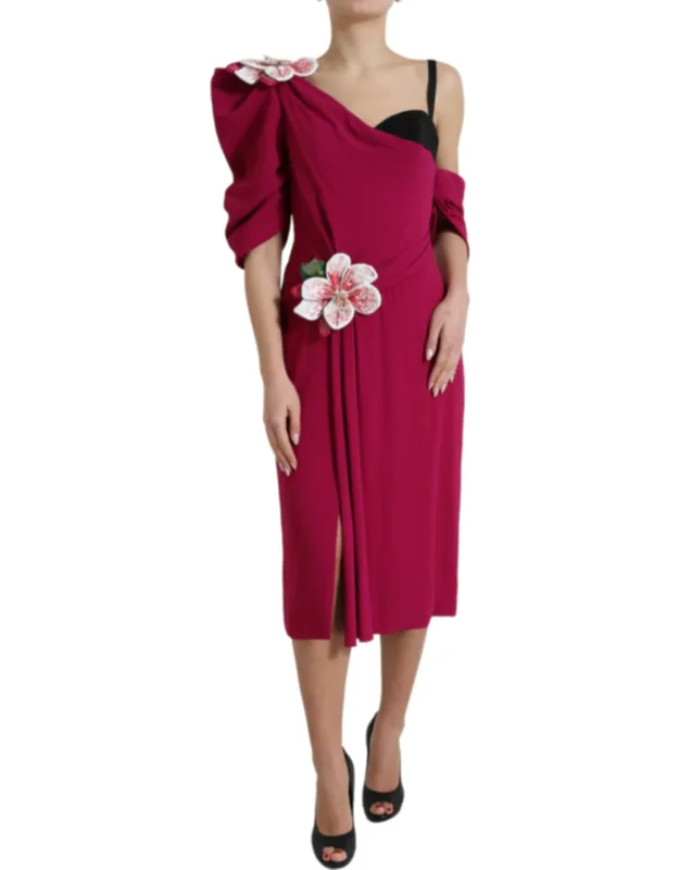 Flower Embellished One Shoulder Dress Silk
